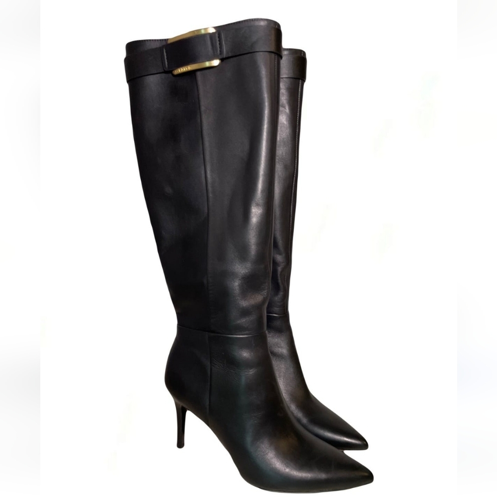 New. Women's Calvin Klein Glydia Cow-Silk Knee High Black Leather Boots sz 7.5 - Picture 2 of 16